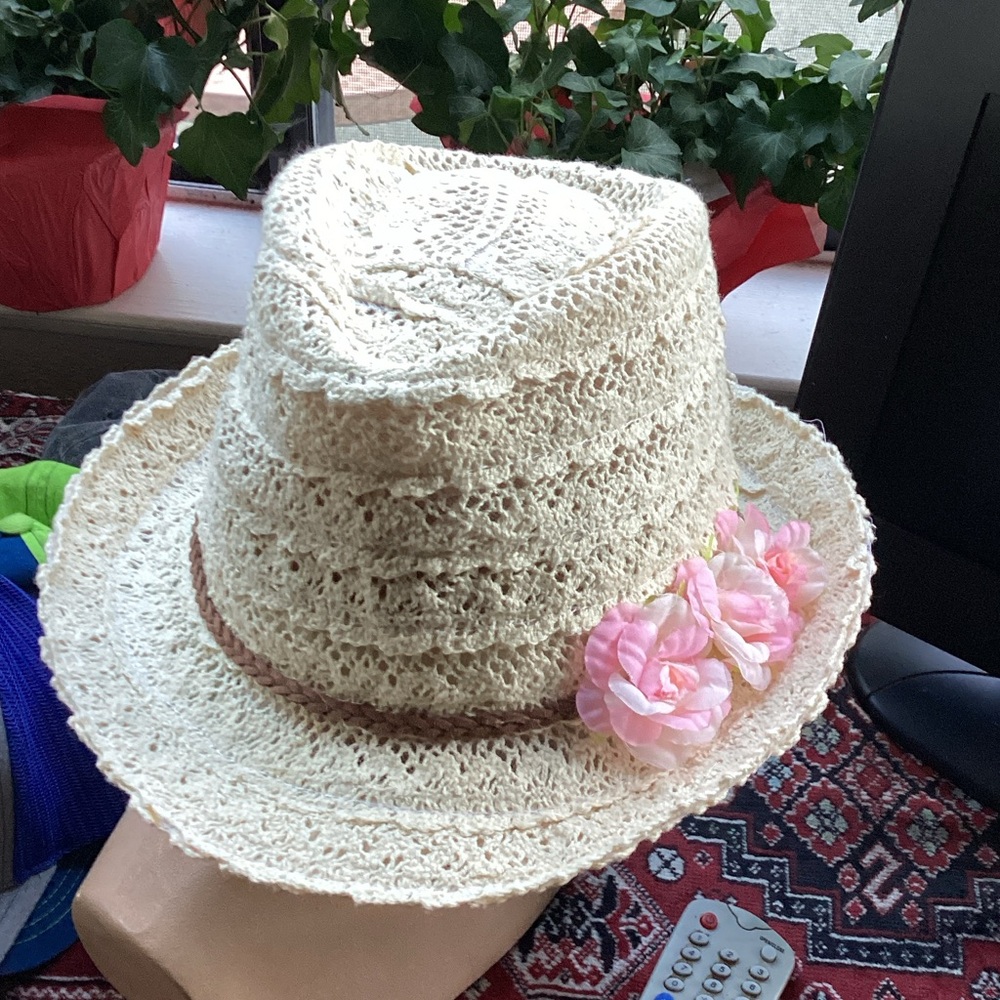 Claire's Beige Kids Hat with Pink Floral Accent